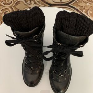 Zara Studded Leather Boots wedge heels color Black